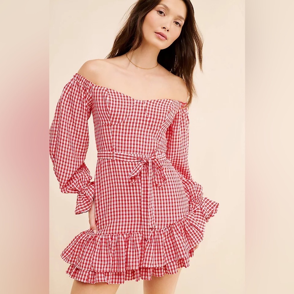 Anthro Maeve Bare Red Gingham Off Shoulder Frill Ruffled Mini Dress picnic girl